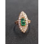 18 CARAT GOLD FABULOUS NAVETTE RING. LARGE CENTRE EMERALD SURROUNDED BY DIAMONDS.