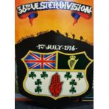 LARGE 36TH ULSTER DIVISION SHIELD SHAPED PLAQUE IN WOOD AND HAND PAINTED. 4FT IN HEIGHT & 2FT 8'