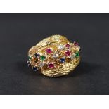 18CT GOLD MULTI GEM (RUBY, DIAMOND, EMERALD AND SAPPHIRE) RING 13.8G