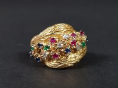 18CT GOLD MULTI GEM (RUBY, DIAMOND, EMERALD AND SAPPHIRE) RING 13.8G