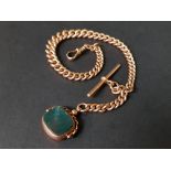 ANTIQUE 9 CARAT ROSE GOLD GRADUATED WATCH CHAIN WITH BLOODSTONE SWIVEL FOB. EVERY LINK IS