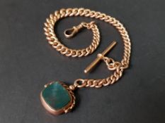 ANTIQUE 9 CARAT ROSE GOLD GRADUATED WATCH CHAIN WITH BLOODSTONE SWIVEL FOB. EVERY LINK IS
