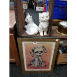 2 PICTURES OF DOG + CATS & 2 PORCELAIN CATS