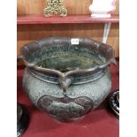 LARGE ANTIQUE ORIENTAL BRONZE PLANTER SIGNED