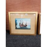PAIR OF ANTIQUE ORIGINAL GOUACHE CHINESE TRADE EXPORT PAINTINGS OF JUNKS SAILING SHIPS, CIRCA LATE