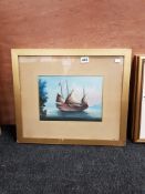 PAIR OF ANTIQUE ORIGINAL GOUACHE CHINESE TRADE EXPORT PAINTINGS OF JUNKS SAILING SHIPS, CIRCA LATE