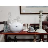 Shelf lot to include Belleek + decanters