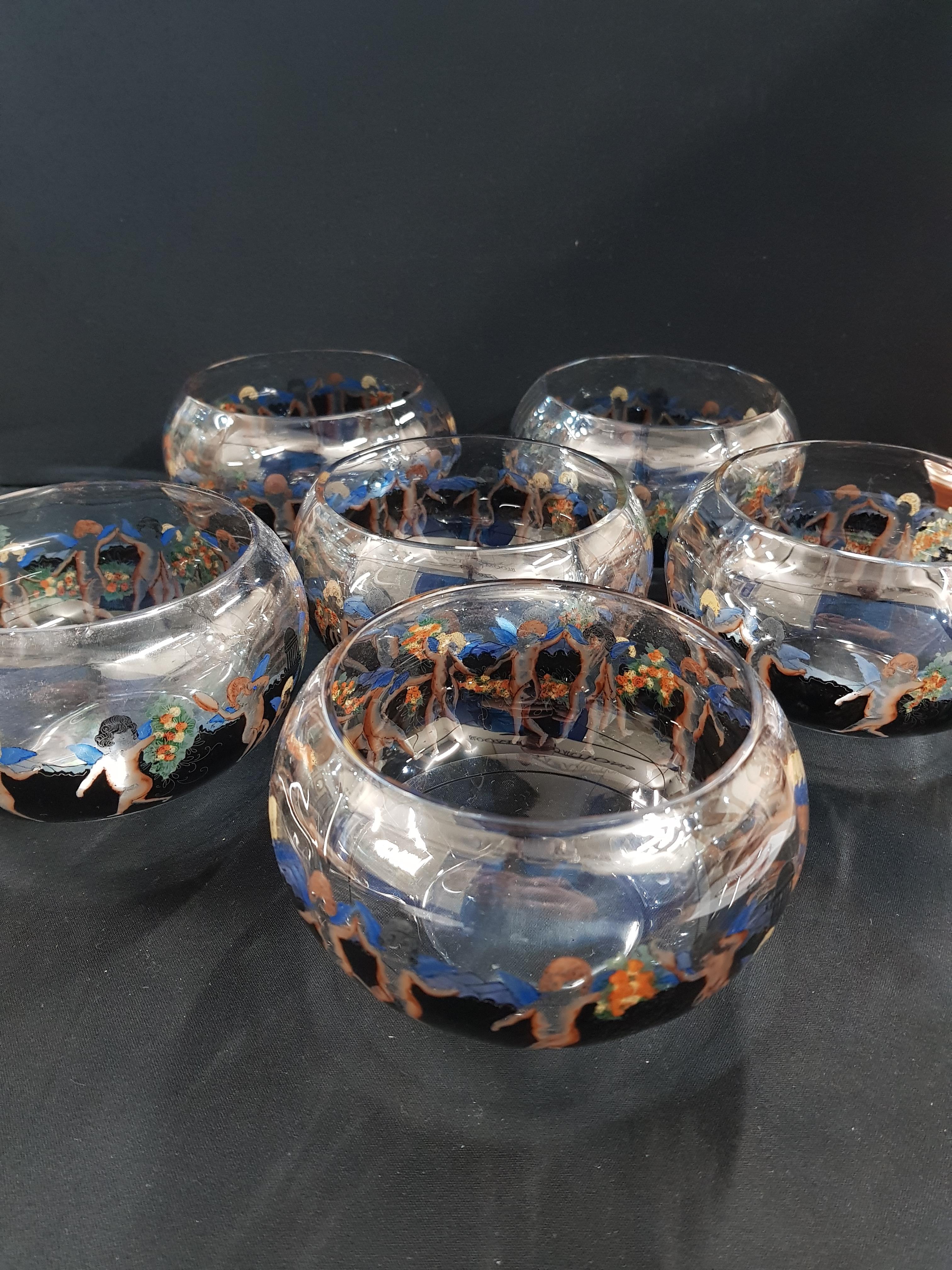 SET OF 6 VETRI D'ARTE FONTANA VEDAR ENAMELLED LEAD GLASS BOWLS CIRCA 1925