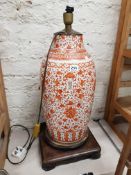 Large antique signed + sealed chinese vase converted into lamp on antique wooden oreintal base