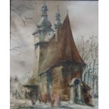 Oil on board continental church scene