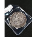 1869 NAPOLEON III SILVER 5 FRANCS COIN. EXCELLENT CONDITION