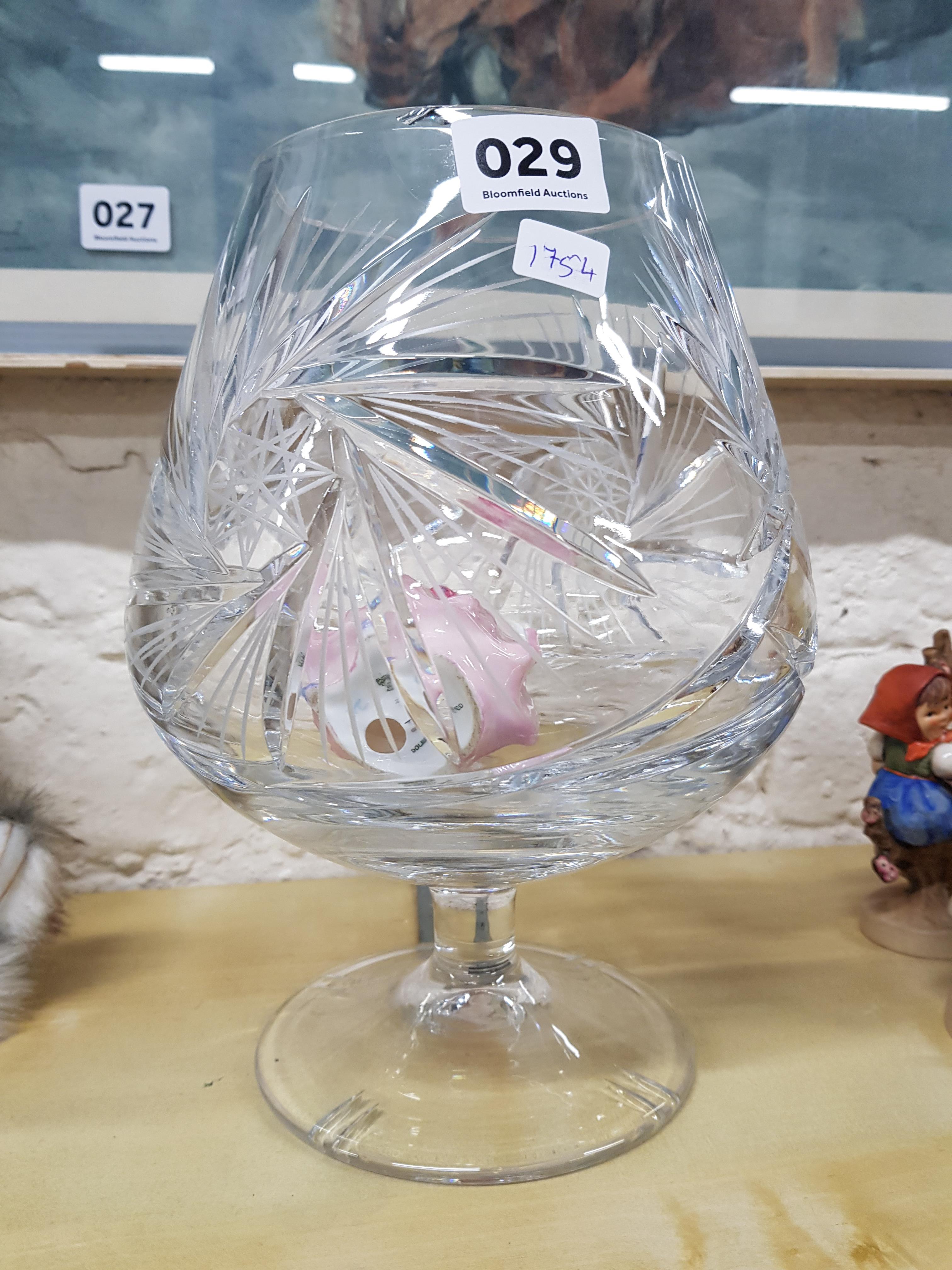 CUT GLASS BRANDY GLASS VASE AND DOULTON FIGURE A/F