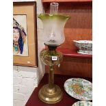 Antique green glass oil lamp and shade