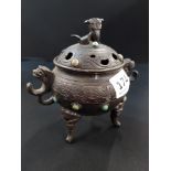 Chinese bronze and turquoise incense pot and lid