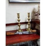 PAIR OF BRASS CANDLESTICKS AND SCREWDRIVERS