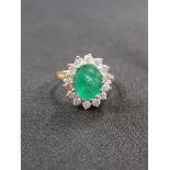 18CT YELLOW GOLD EMERALD AND DIAMOND CLUSTER RING SIZE J & WEIGHING 5 GRAMS