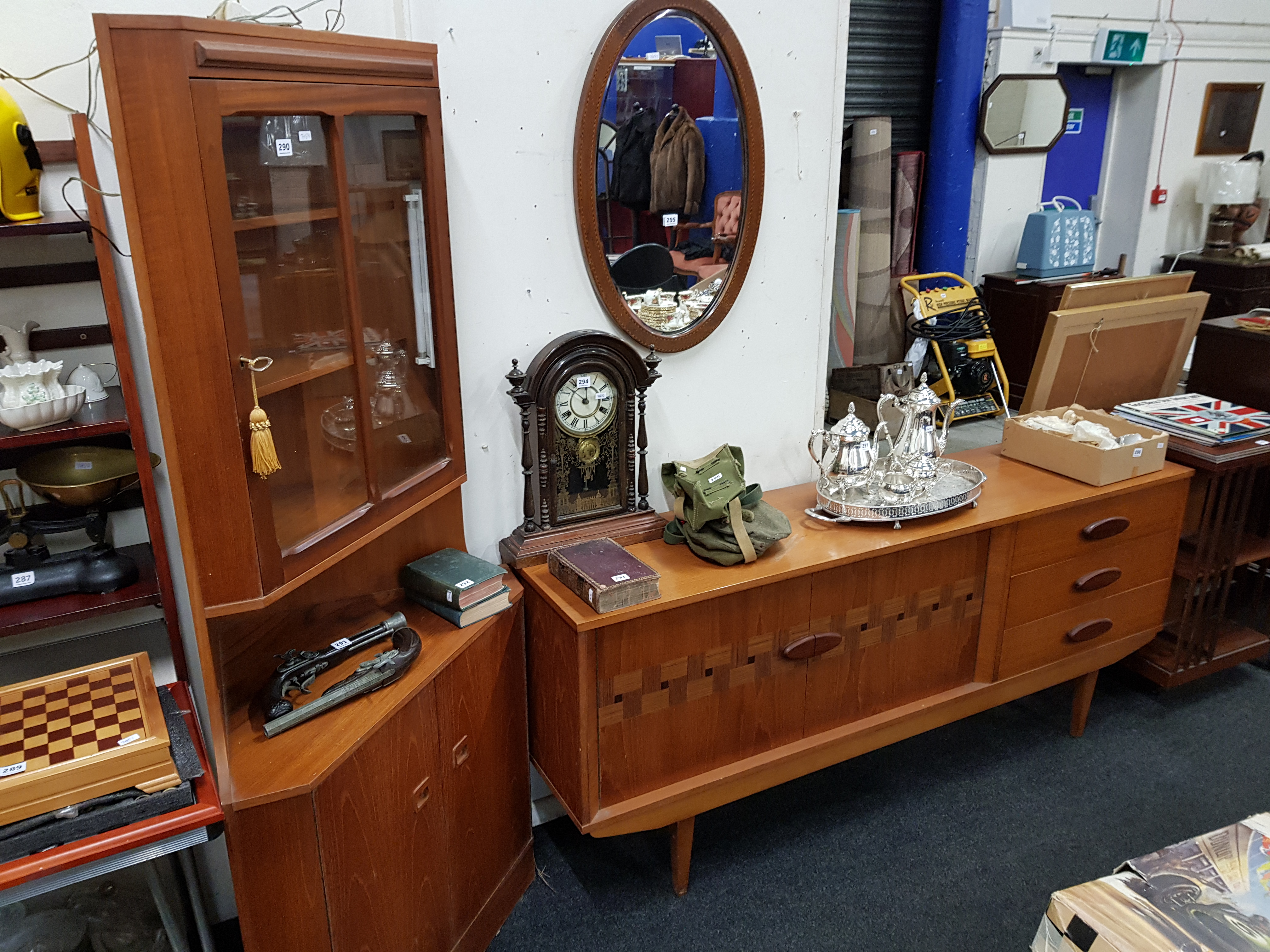 MID CENTURY CORNER CABINET AND SIDEBOARD