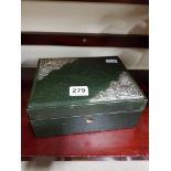 GREEN LEATHER & SILVER JEWELLERY BOX - BIRMINGHAM 1918 L&S