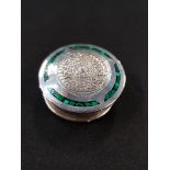 STERLING SILVER PILL BOX INSET WITH MALACHITE, MAKERS MARK HJ