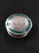 STERLING SILVER PILL BOX INSET WITH MALACHITE, MAKERS MARK HJ