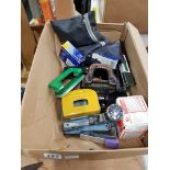 BOX OF OLD STAPLERS