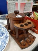 ANTIQUE WOODEN PIPE STAND WITH TOBACCO JAR