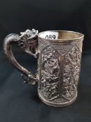 HEAVILY DECORATED CHINESE SILVER TANKARD HALLMARKED AND INSCRIBED