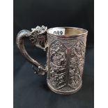 HEAVILY DECORATED CHINESE SILVER TANKARD HALLMARKED AND INSCRIBED