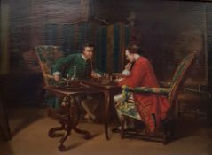 M VINCETTI 1878 - OIL ON BOARD - A GAME OF CHESS 9.5' X 12'