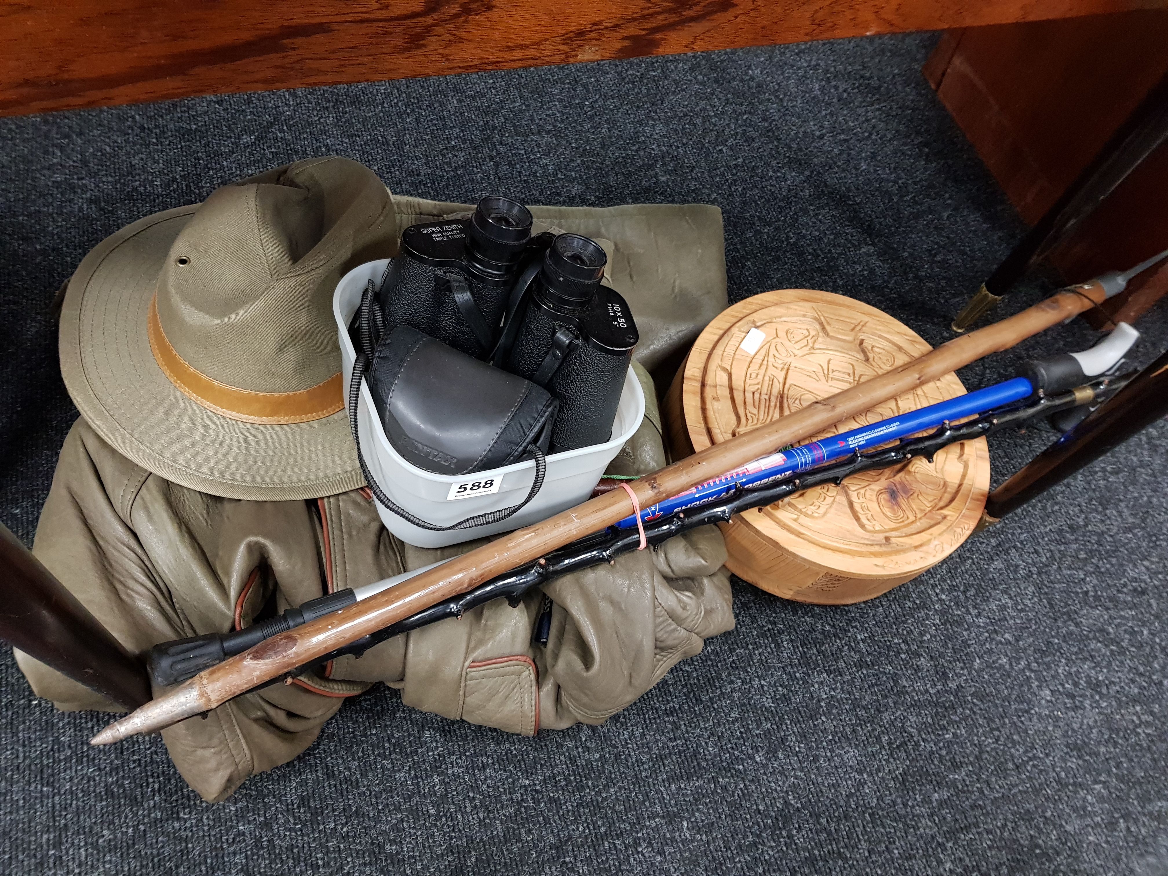 3 WALKING STICKS , NEW ZEALAND BOX , GENTS LEATHER JACKET WITH MATCHING HAT , 2 PAIRS OF