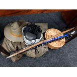 3 WALKING STICKS , NEW ZEALAND BOX , GENTS LEATHER JACKET WITH MATCHING HAT , 2 PAIRS OF