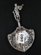FINE VICTORIAN SILVER TEA STRAINER DEPICTING APOLLO ASTRIDE A CHARIOT BY BERTHOLD MULLER WITH LONDON