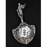 FINE VICTORIAN SILVER TEA STRAINER DEPICTING APOLLO ASTRIDE A CHARIOT BY BERTHOLD MULLER WITH LONDON