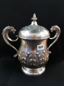 LARGE TWIN HANDLE LIDDED SILVER CUP WITH ANTHEMION DECORATION STANDING APPROX 12' HIGH BY