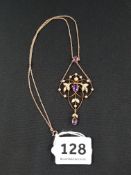 ANTIQUE 9 CARAT GOLD AMETHYST AND SEED PEARL PENDANT ON 9 CARAT GOLD CHAIN