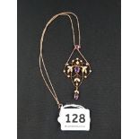 ANTIQUE 9 CARAT GOLD AMETHYST AND SEED PEARL PENDANT ON 9 CARAT GOLD CHAIN