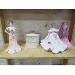 3 COALPORT FIGURES AND BELLEEK BARRELL