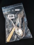 3 ANTIQUE SILVER TEASPOONS, SILVER PICKLE FORK AND SILVER BLADED BUTTER KNIFE TOTAL 115GMS