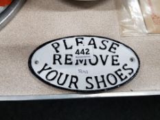 CAST IRON PLEASE REMOVE YOUR SHOES SIGN