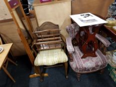 ANTIQUE TUB CHAIR AND ARMCHAIR AND MAGAZINE MAGAZINE RACKS AND MIRROR
