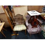 ANTIQUE TUB CHAIR AND ARMCHAIR AND MAGAZINE MAGAZINE RACKS AND MIRROR