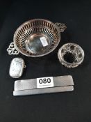 SILVER SWEETMEAT DISH - BIRMINGHAM SILVER RIMMED DISH, SILVER VESTA CASE AND SILVER COMB