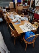 ERCOL STYLE EXTENDING DINING TABLE AND 8 CHAIRS