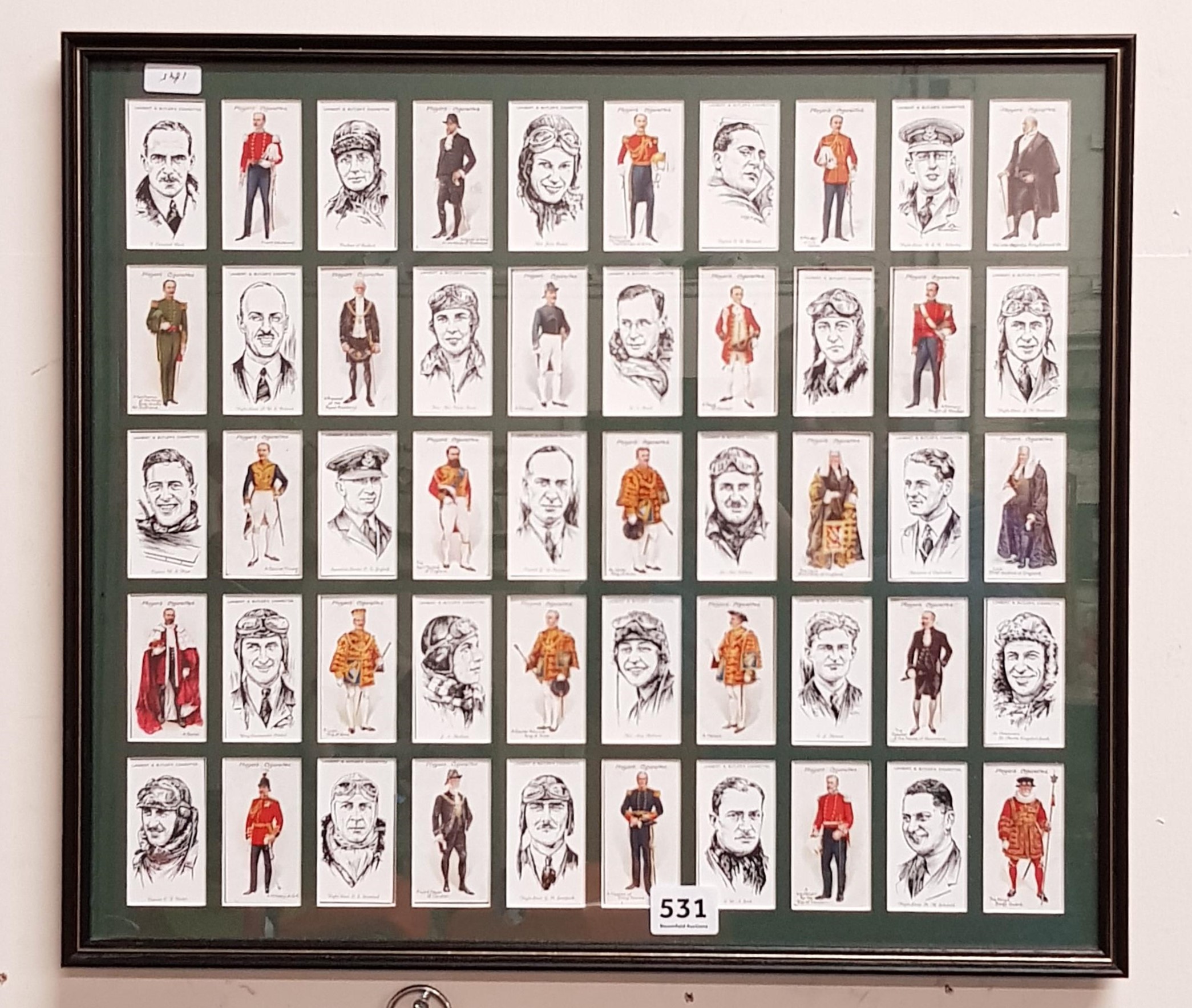 FRAMED CIGARETTE CARDS - FAMOUS AIRMEN AND WOMEN AND CEREMONIAL DRESS