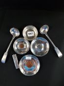 PAIR OF SILVER LADLES - LONDON 1863/64, 4 ANTIQUE SILVER DISHES AND SILVER MATCHSTICK HOLDER
