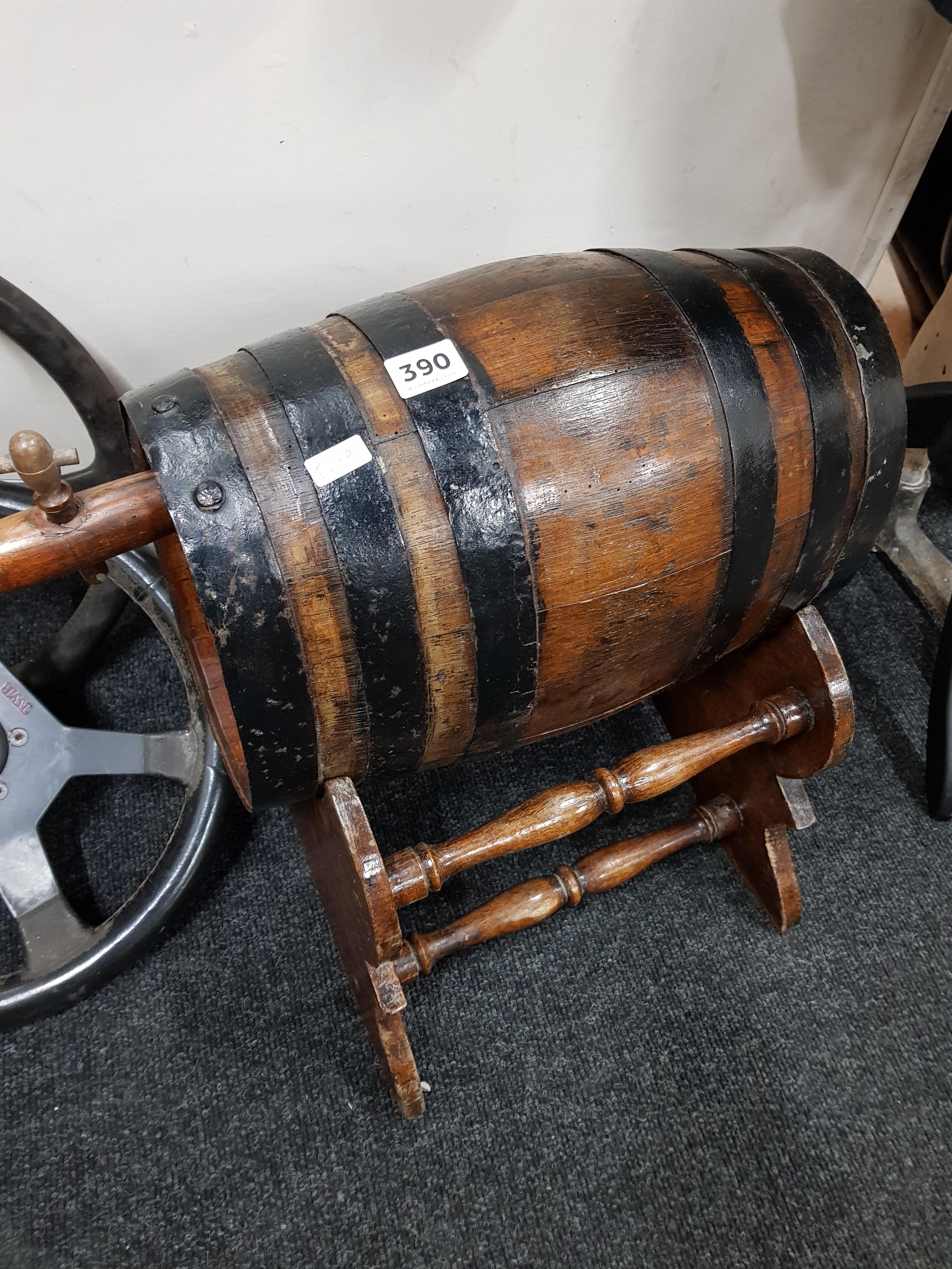 OLD WOODEN BARREL AND STAND