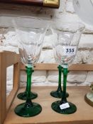 SET OF 4 GREEN STEMMED GALWAY CRYSTAL WINE GLASSES