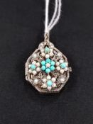 SILVER, MARCASITE, TORQUOISE AND PEARL LOCKET