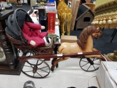 MINIATURE CARVED WOODEN HORSE AND CART
