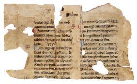 Fragment from a leaf from a Bible or Gospel Book, in Latin, decorated manuscript on parchment [Fra